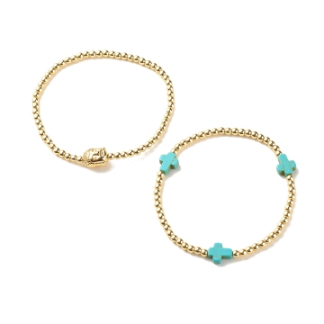 Pandahall 2pcs 2-Style Synthetic Hematite Beaded Stretch Bracelet Set