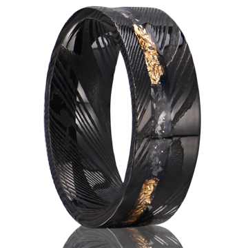 Ready to Ship 8mm Black Plated Damascus Meteorite and Gold Leaf Inlay Men's Wedding Rings