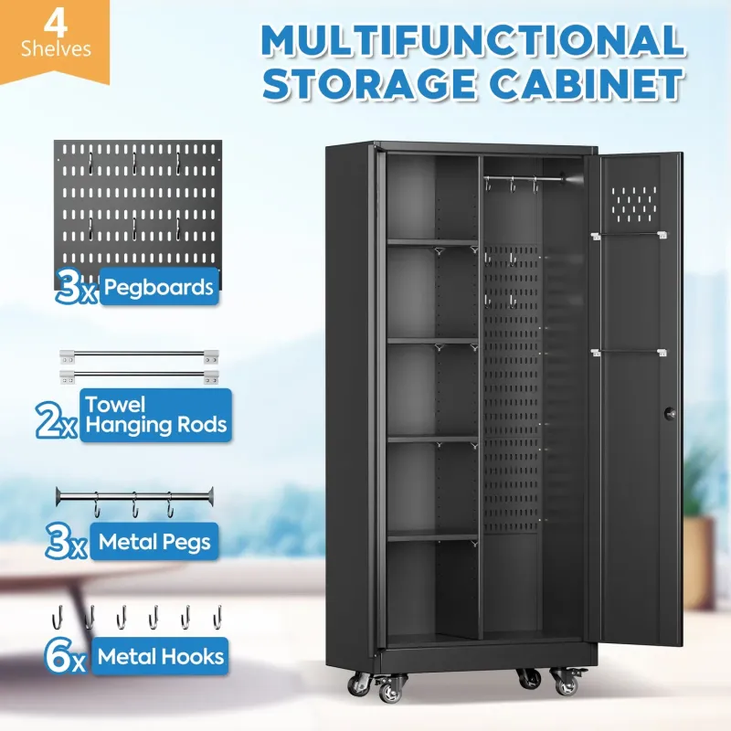 Rolling Tool Cabinet with Doors and 4 Adjustable Shelves