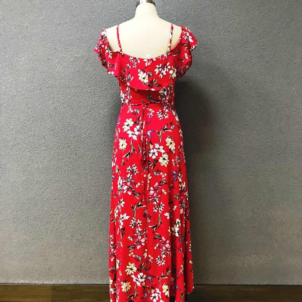 Women's polyester red printed long dress