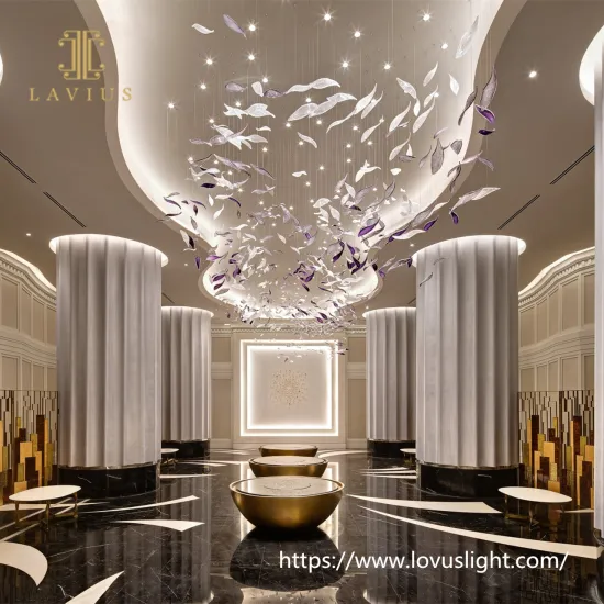 Purple petal shape large project custom crystal chandelier for hall hotel Creative design pendant light