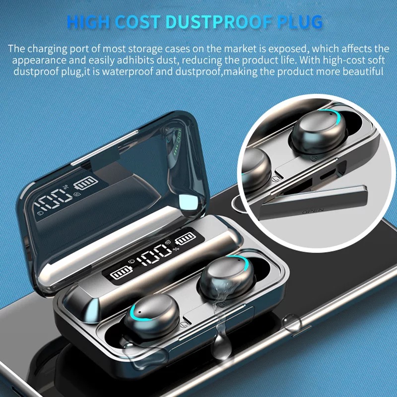 F9 Tws BT5.1 True Wireless Headphones Headset Earbuds Lcd Digital Electric Quantity Waterproof Noise Reduction Wireless Earphone