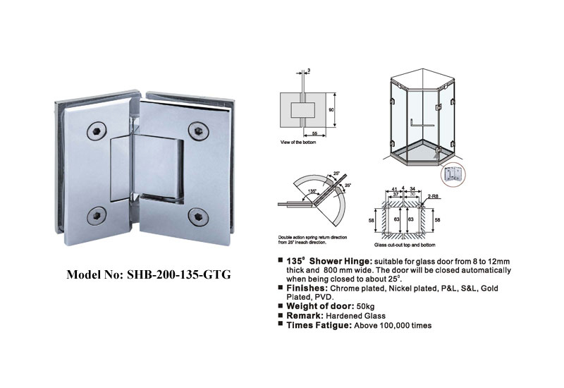 Heavy Duty 135 Degree Brass Frameless Door Hinge