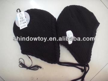 tranditional strip knitted beanie hat with headset