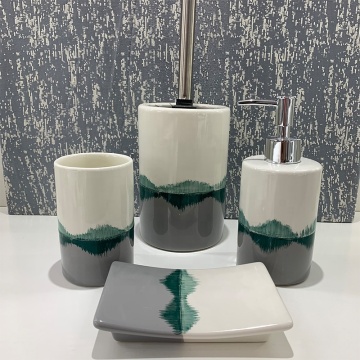 Modern Hand-Painted Landscape Ceramic Bathroom Set - 4pc Toilet Brush Holder, Cup, Dish & Soap Dispenser