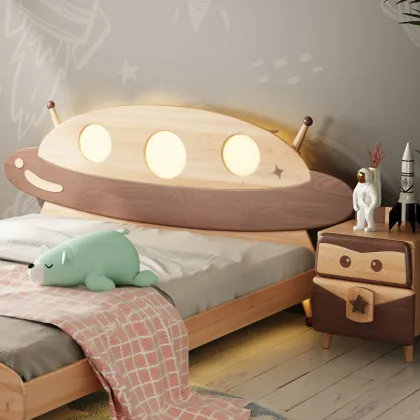 Wooden Spaceship Lighted Headboard Kids Furniture Bed for Children