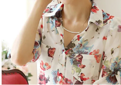 Women's 2015 flower printed short sleeve chiffon shirt