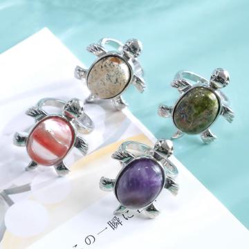 Natural Stone Turtle Rings Gemstone Oval Shape See Turtle Ring for Men Women Crystal Quartz Adjustable Ring Anniversary Birthday