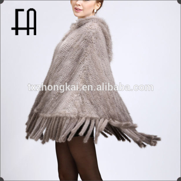 Factory direct wholesale price imported mink knitted poncho with fur cape and tassel