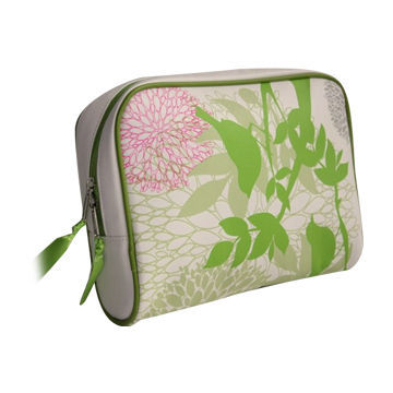 PU cosmetic bag with flower printing design, satin puller/customized designs and logos are accepted