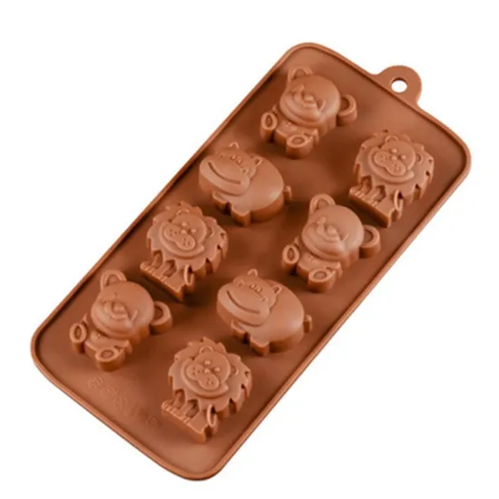 OEM Wholesale 8 Cavity Cartoon Bear Lion Lollipop Chocolate Mould Silicone Baking Molds for Kids