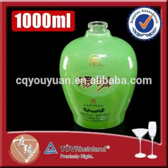Beautiful novelty high end cork sealing 1litre wine custom brand green glass liquor bottle