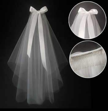 Simple White 2T Short Tulle Wedding Veil with Bowtie and Comb