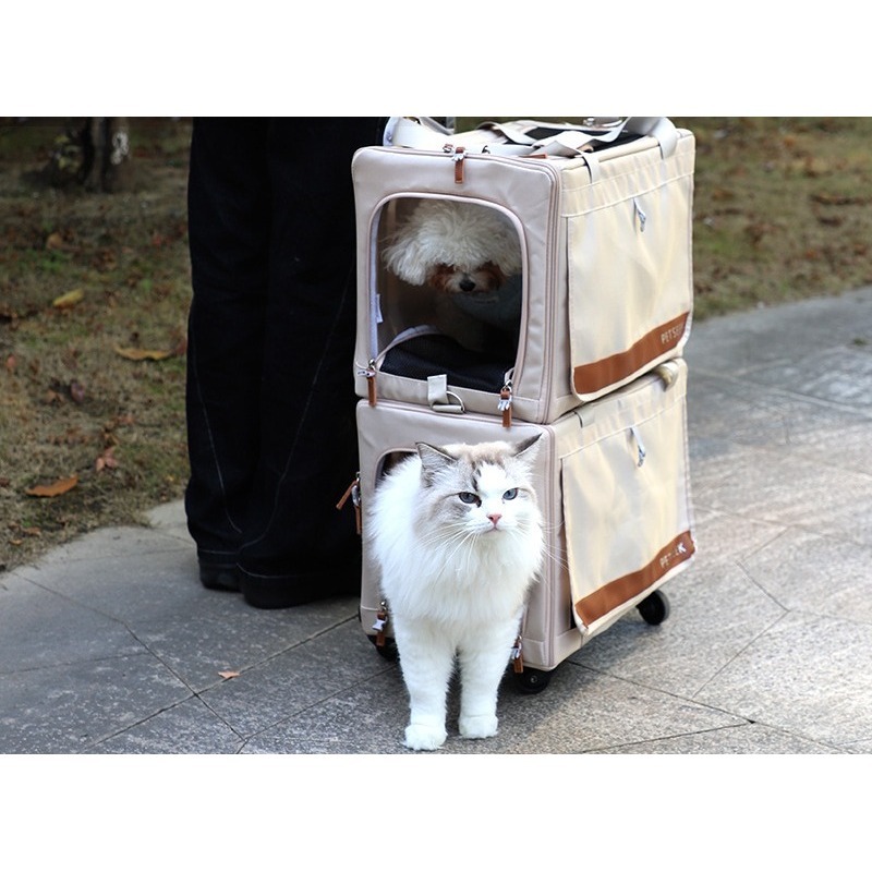 Double Layer Pet Rolling Carrier Bag with Telescopic Handle for Cats and Dogs