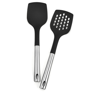 Black Nylon Spatula Set with Stainless Steel Handle for Non-Stick Cooking