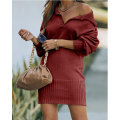 Women's Fall Lapel Pullover Sweater Dress