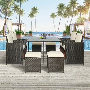 9-Piece Outdoor Patio Furniture Set: Rattan Wicker Dining Table and Sofa Conversation Set