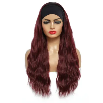 Red Color Natural Wavy Headband Wig Synthetic Full Machine Made Wigs SOKU Daily Glueless Wig With Headband