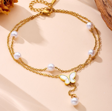 Double Pearl Butterfly Pendant Titanium Bracelet