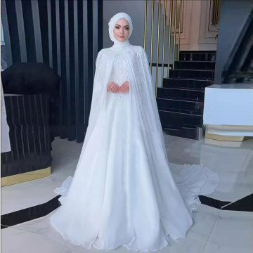Modest Lace Muslim Wedding Dresses with Hijab: High Neck, Long Sleeves Chiffon Arabic Brides Dresses & Wedding Evening Gowns