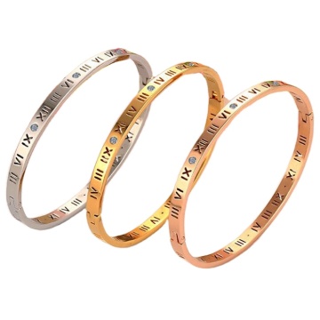 Shiny Rhinestone Roman Numeral Plated Stainless Steel Bangles for Women and Men