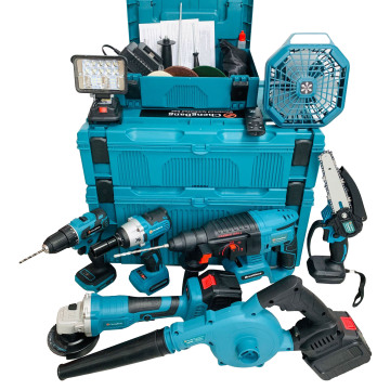 Ultimate Rechargeable Power Tools Kit: Angle Grinder, Hammer Drill, Chain Saw, Blower, Wrench & Electric Fan in One Set