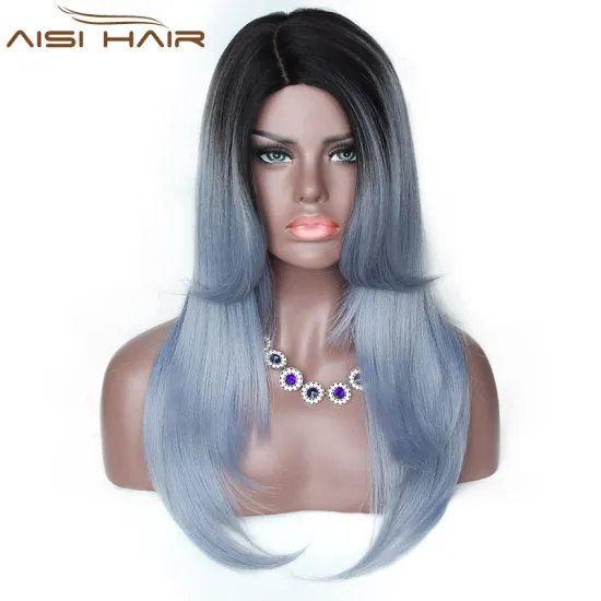 Japanese Synthetic Hair Wig Part Side Ombre Grey Wig For African American Women Heat Resistant Fiber