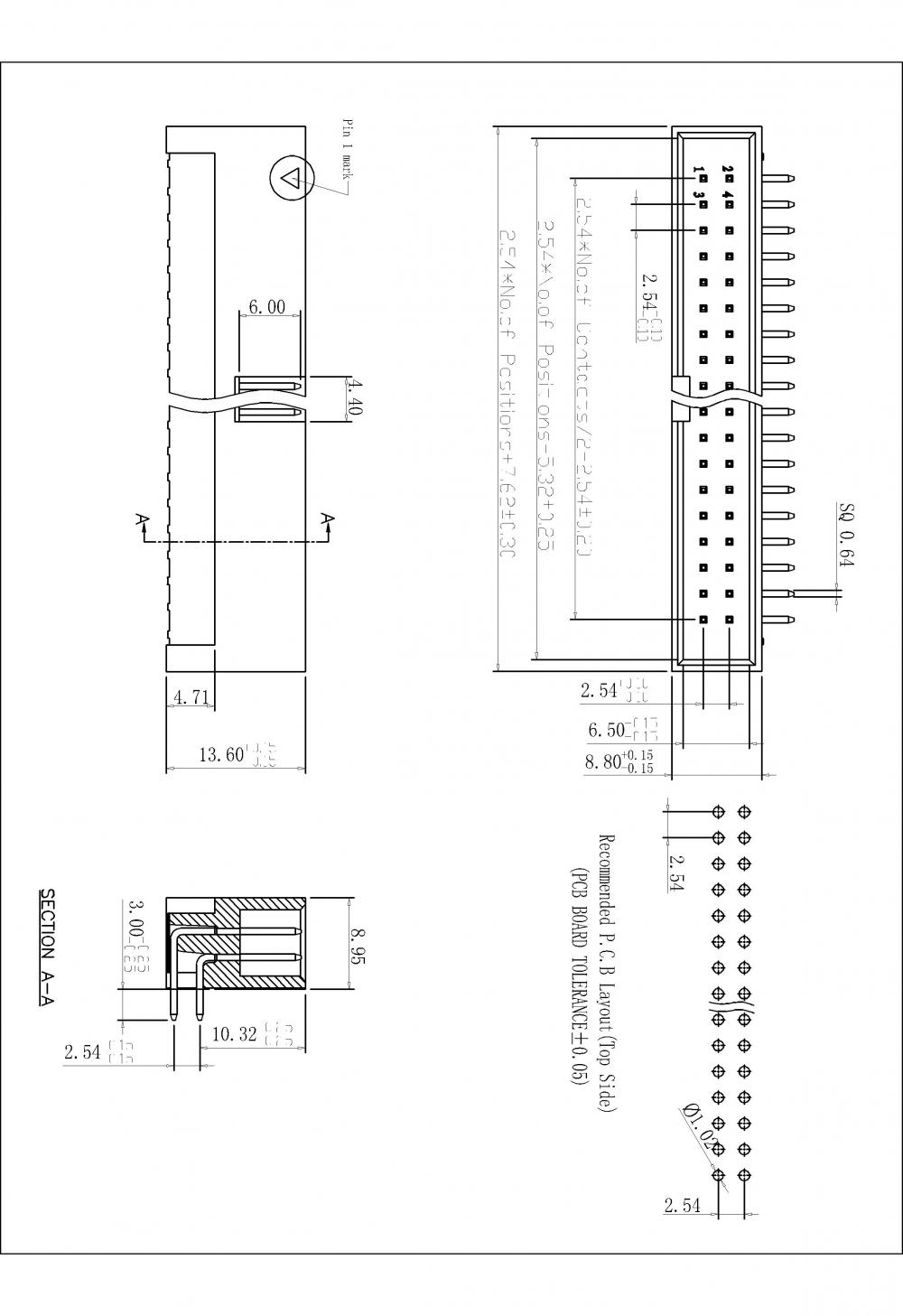 2,54 mm Dual Row Box Huvuddopp Höger ängel 90 ° Typ H = 13,60 mm