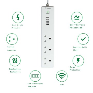 UK Standard smart power strip with 3 AC outlets and 4 USB ports workk with Alexa