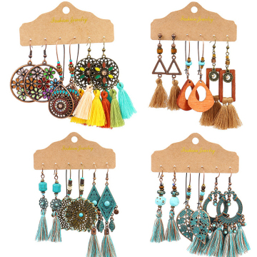 3-Pair Card Boho Ethnic Antique Gold Bronze Plated Leaf Shell Water Drop Vintage Colorful Tassel Pendant Earring Set for Women