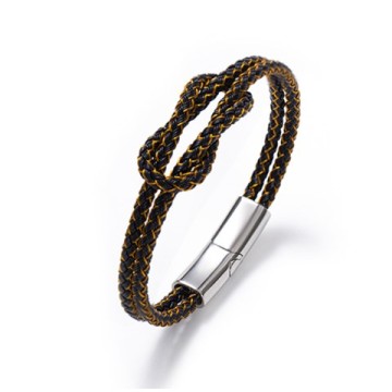 Black Gold Punk Leather Bracelet with Magnetic Buckle for Men