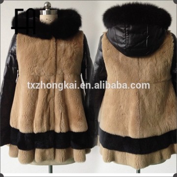 Factory directly wholesale price real hooded rex rabbit fur coat with leather sleeve