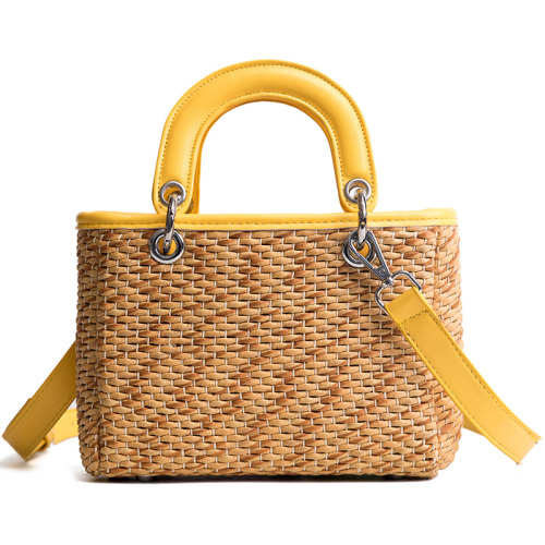 Sac à bandoulière pour femme tissé à la mode, sac à main, sacs de paille de plage avec poignée en cuir