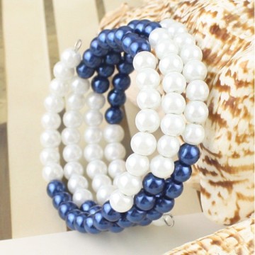 Blue and White Triple Strand Pearl Bracelet Cuff
