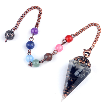 Snowflake Chip Stone Resin Antique Bronze Hexagonal Cone Pendant & Pendulum 7 Chakra Chain