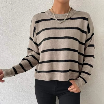 2024 Autumn European-American Women's Casual Crewneck Striped Knitted Pullover