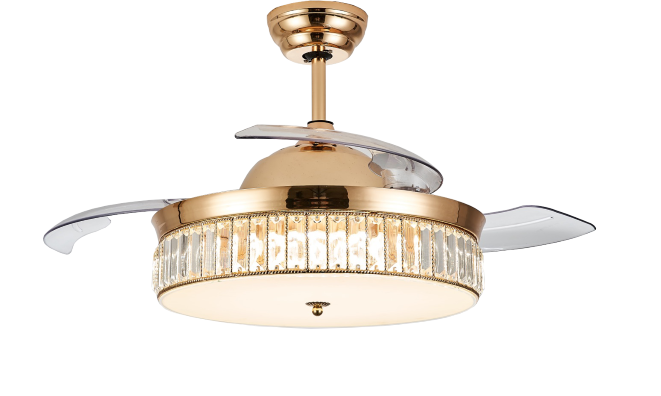 Gold Modern Modern Retractable Deckenventilator mit Kristalllampenschirm