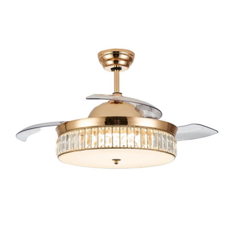 Goldene moderne einziehbare Fächerlampe mit Kristalllampenschirm