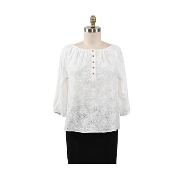 Chemises de broderie en coton à manches 3/4 Blosue pour femmes