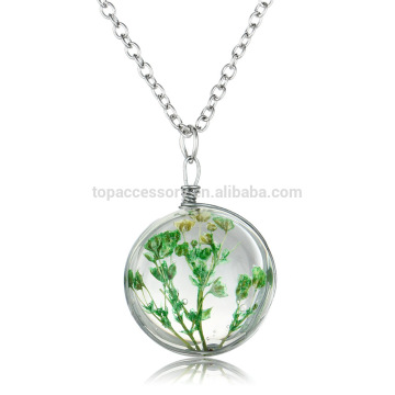 TNC61128-32 Fashion Crystal glass Ball Green flower Long Strip Leather Chain Dried flower Pendant Necklace Women