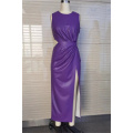 Ladies Sleeveless Sexy Slim Split Purple PU Dress