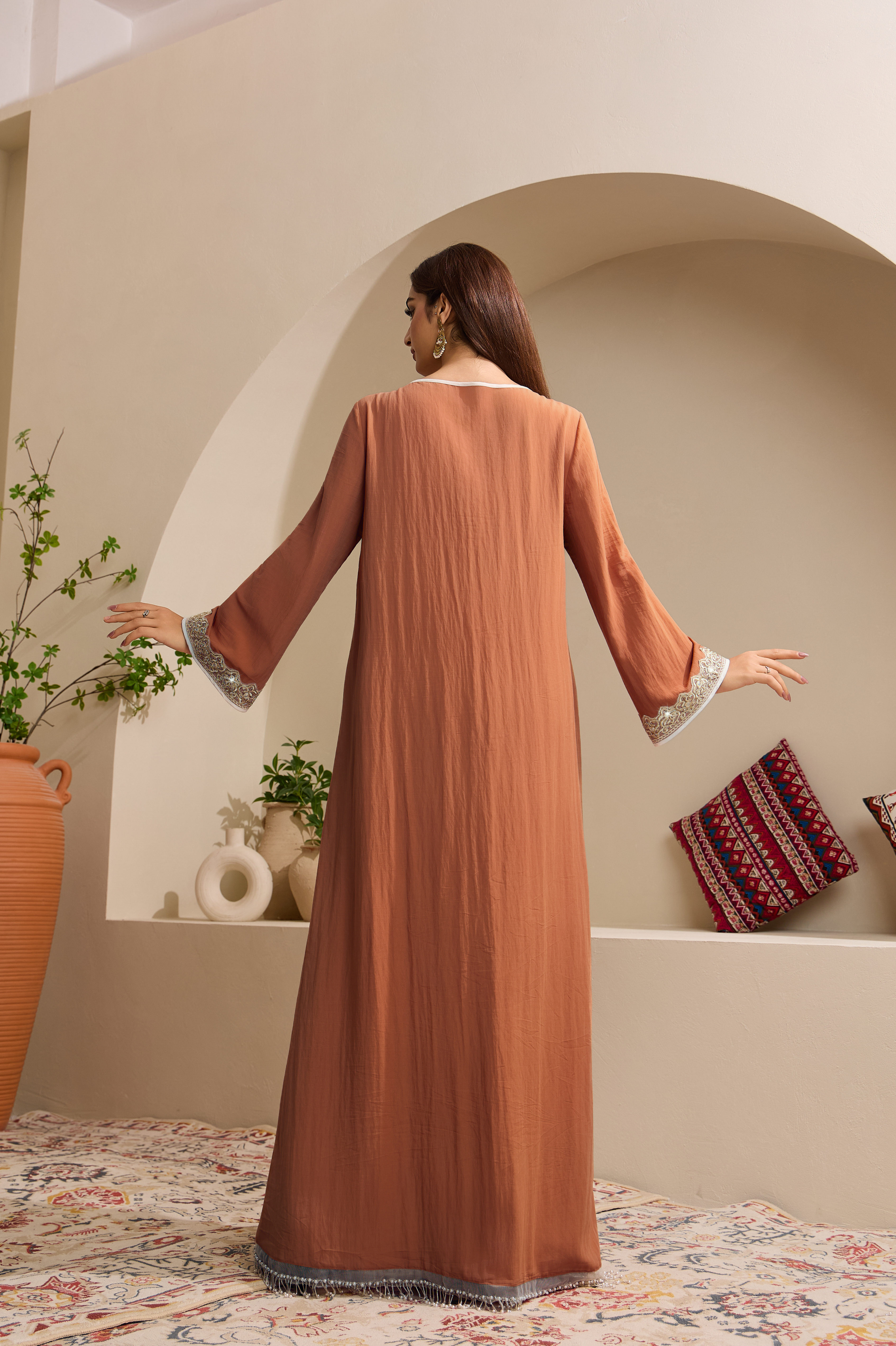 terracotta crystal tassel trim abaya model styling view 06