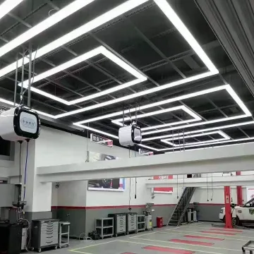 8' x 15.7' Deformable LED Linear High Bay Lamp: Hanging Hollow Square Detailing Gym Ceiling Light