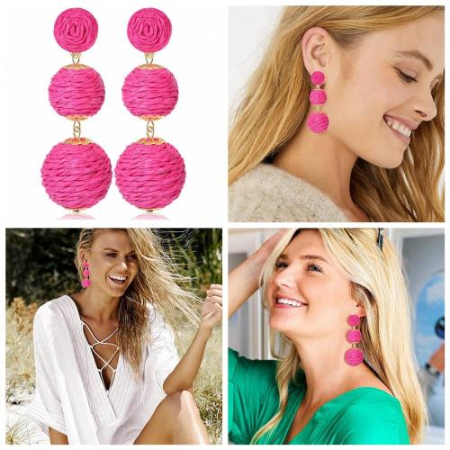 Raffia Ball Earrings Stud for Women Handmade Rattan Dangle Drop Ear Summer Beach Long Jewelry Holiday Accessory Gifts