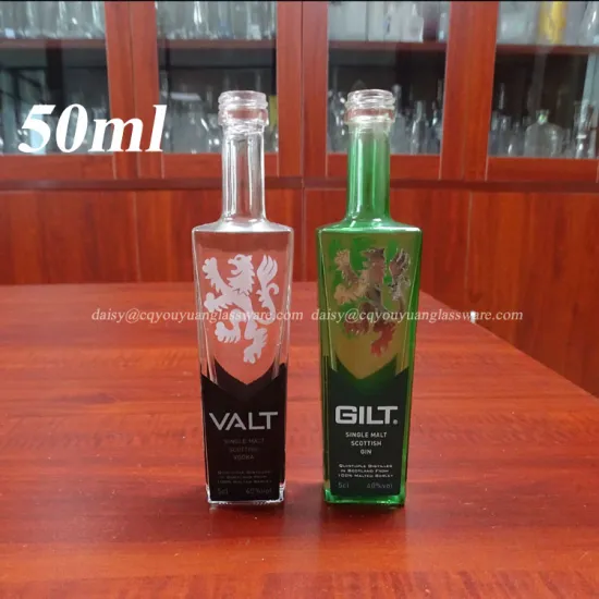 white and green flask square 50ml glass spirit bottles with thick base