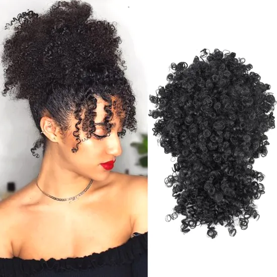 Wholesale Brown Afro Puff Hair Pieces Drawstring Ponytail Short Kinky Curly Chignon With Bangs Synthetic Hair Bun Extensions