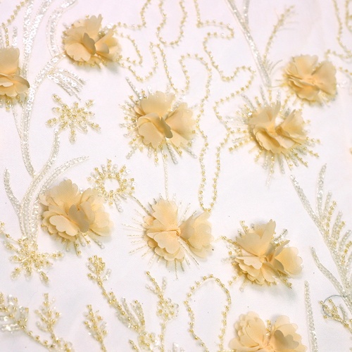 Tissu à paillettes florales en dentelle jaune maigre