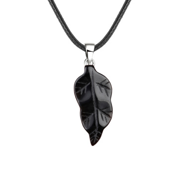 Black Obsidian Handmade Craved Leaf Pendant Necklace with 45CM Black Cord