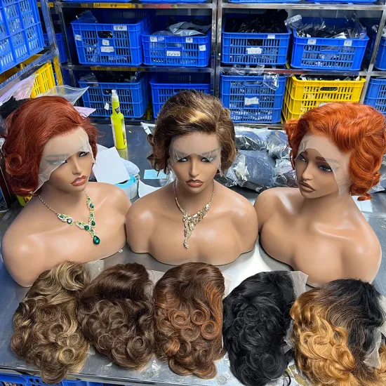 Black Glueless Human Hair 13x4 Lace Frontal Wig - Brazilian Remy Curly Pixie Cut Short Bob