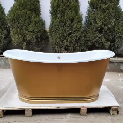 Brushed Brass Finish Bateau with Cast Iron Porcelain Bathtub 1670mm Long